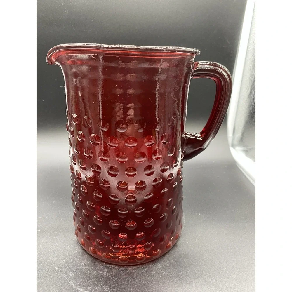 Vintage Ruby Red Hobnail Glass Pitcher and‎ 2 Tumbler Set Mid Century
